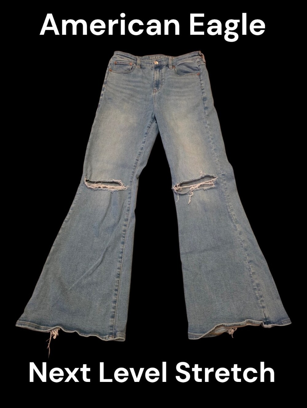 American Eagle Outfitters Light Blue Distressed Flared Jeans. Size 10